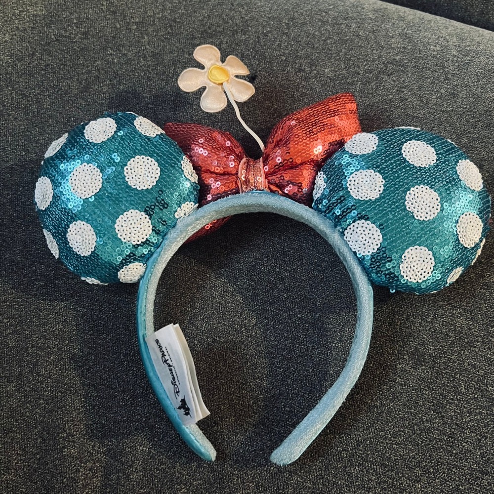 Disney Parks Headband Kids O/S Teal Sequin Polka Dot Minnie Mouse Ears Daisy Bow